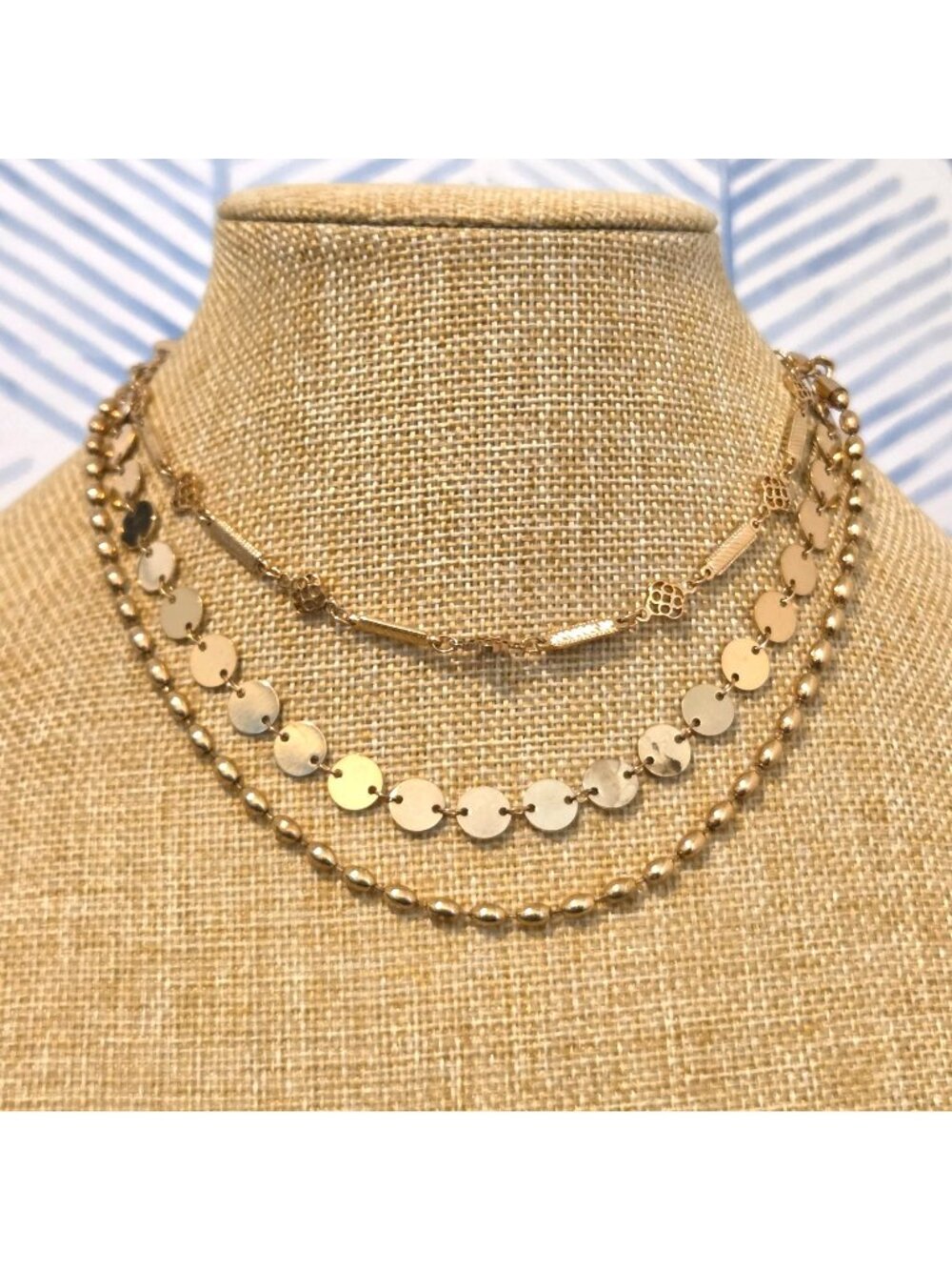 Gold Tone 16" Triple Layer Disc & Chain Statement Necklace